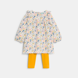 فستان مطبوع برسمة الزهور وكشكشة مع سروال لاغينغ أصفر للفتيات الصغيرات